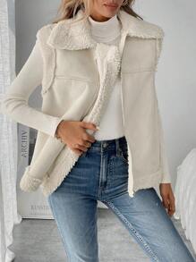 SHEIN LUNE Áo khoác nữ cổ bẻ màu be có khóa kéo cho mùa thu/đông - Màu be - Xem 4