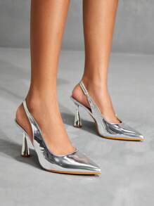 CUCCOO SZL 女士尖头细高跟鞋银色露背性感高跟鞋