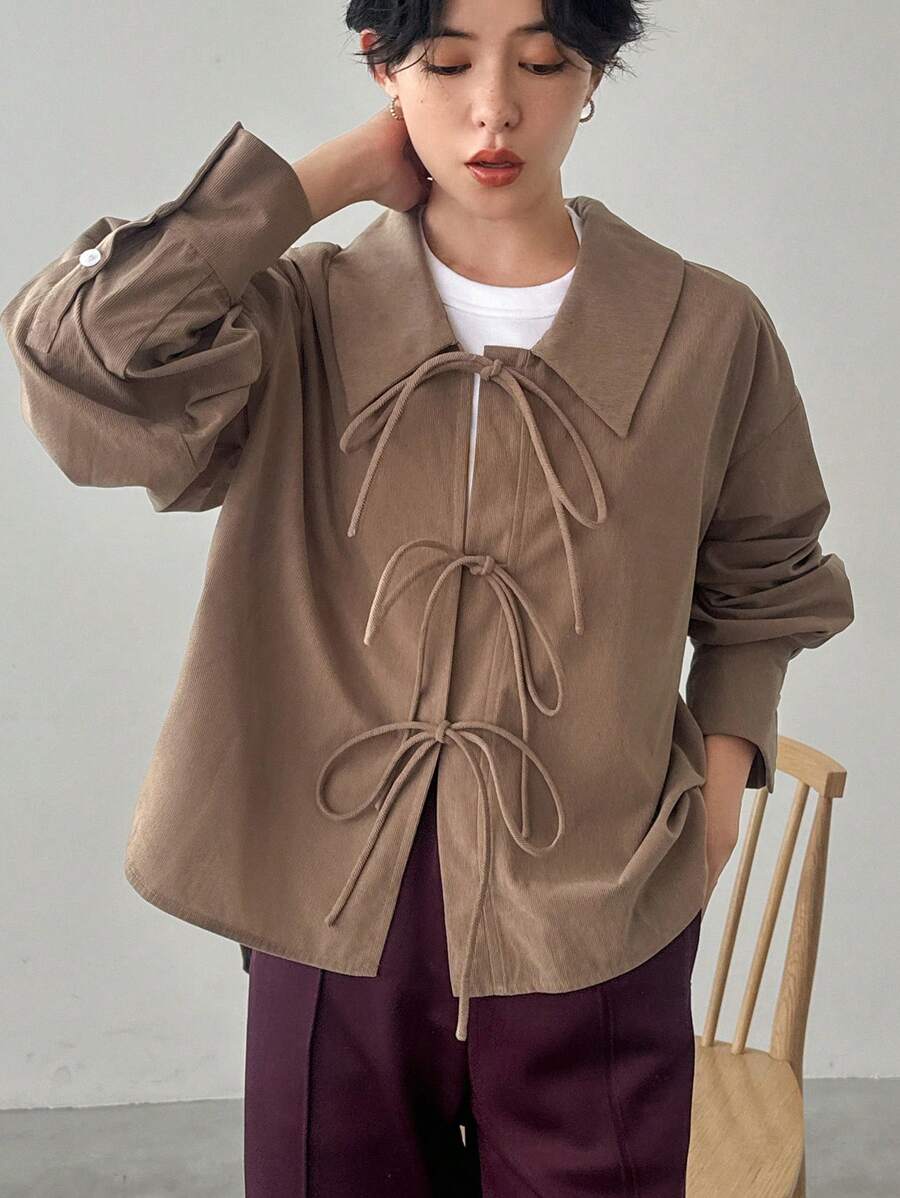 FRIFUL 女士纯色领口前系带长袖休闲衬衫 - 灰色 - 查看 1