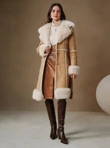 Anewsta Thickened Fluffy Trimmed Fluffy Furry Cinched Waist Regular Jacket For Women - Apricot - View 5