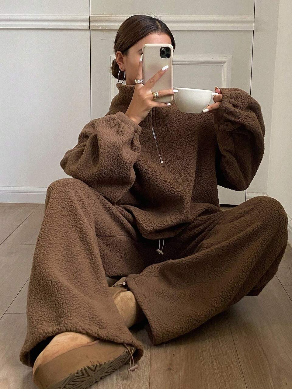 2pcs Women's Warm Fleece Solid Color Set Top And Pants,Thermal Lined Fall,Winter Tracksuits Women Set Lounge Sets For Women Lounge Brown Casual
