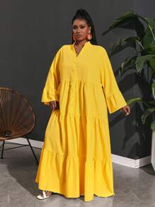 Slaydiva 大码女士度假休闲宽松飘逸 A 字形连衣裙 - 芥末黃 - 查看 4