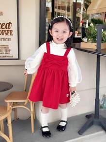 SHEIN 2 pièces Ensemble intérieur de robe salopette rouge avec décoration de nœud et manches lanternes pour bébés filles en automne et hiver, chaud - Nude - Voir 1