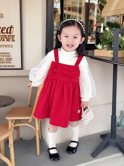 SHEIN 2pcs Baby Girls Autumn Winter Bow Decor Red Overall Dress With Lantern Sleeve Inner Set, Warm
