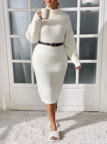 SHEIN Essnce White Plus Size Ladies Smart Casual Everyday Fall/Winter Loose Knitted Super Thick Dress,Long Women Sweater Dresses Costume Clothes Curve - Beige - View 4