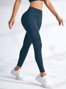 SHEIN Sports Women's Solid Color Minimalist Everyday Leggings, Sports - Green - View 5