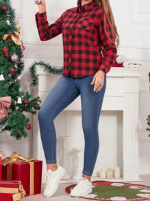 2 件套女士休闲格子领衬衫和牛仔裤母子装 - 玫紅色 - 查看 4