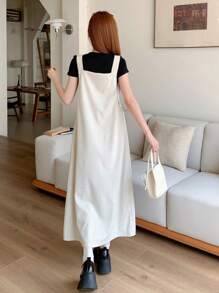 FRIFUL Women's Solid Color Simple Casual Strap Corduroy Overall Dress Sundress
