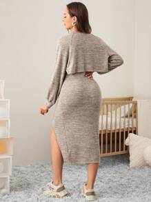 SHEIN Maternity 2pcs Set: Long Sleeve Cardigan Jacket And Slit Front Camisole Dress, Solid Color, Autumn - Coffee Brown - View 2