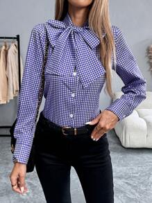 Chiquease 格子印花女式系带领蝴蝶结宽松休闲衬衫女式衬衫 - 紫色 - 查看 1