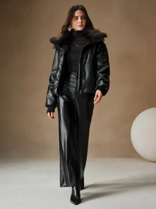 Anewsta Chaqueta con cuello de piel esponjosa negra, engrosada - Negro - Ver 7