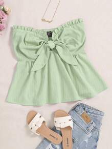 Celure 大码女式夏季纯色荷叶边扭纹抹胸 - 綠色 - 查看 1