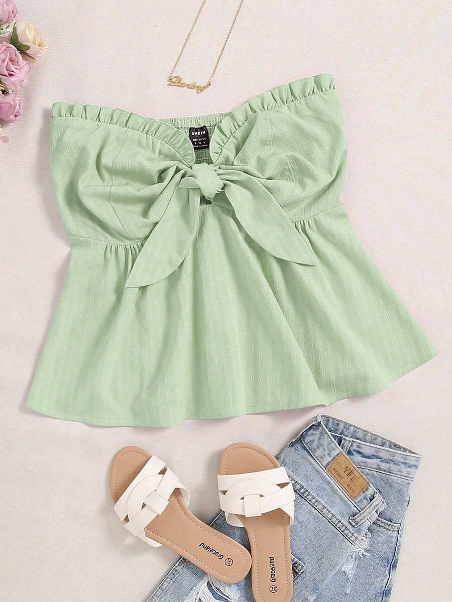 Celure 大码女式夏季纯色荷叶边扭纹抹胸 - 綠色 - 查看 1