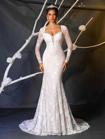 Glamrae Elegantes, wunderschönes, luxuriöses Abendkleid mit Kontrast aus weißer und champagnerfarbener Transparenz, langen Ärmeln, V-Ausschnitt, Trompetenärmel, elastischer Spitzenapplikation, sexy rückenfreier Meerjungfrauenlinie für Hochzeit, Urlaub, Party, Abschlussball, Resort Hochzeitskleid, Brautkleid