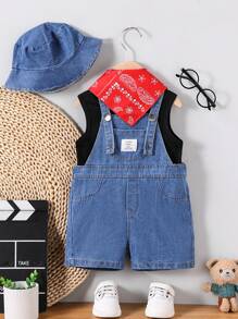 SHEIN 4 件套春夏男婴牛仔背心短裤、牛仔帽和红围巾时尚套装 - 黑色 - 查看 1