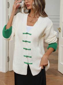 Aveloria Women's Fall & Winter Color Block  Crochet Chunky Knit V-Neck  Open Front Loose Cardigan Outerwear Coats - Beige - View 5