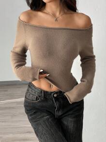 SHEIN Unity Casual Off-Shoulder Sweater, Long Sleeve Tops, Knit Pullover Fall Winter - Camel - View 5