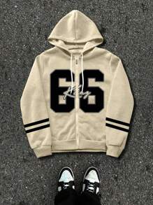 Manfinity Dauomo 男士前拉链长袖字母印花简约连帽休闲运动衫 - 杏色 - 查看 1