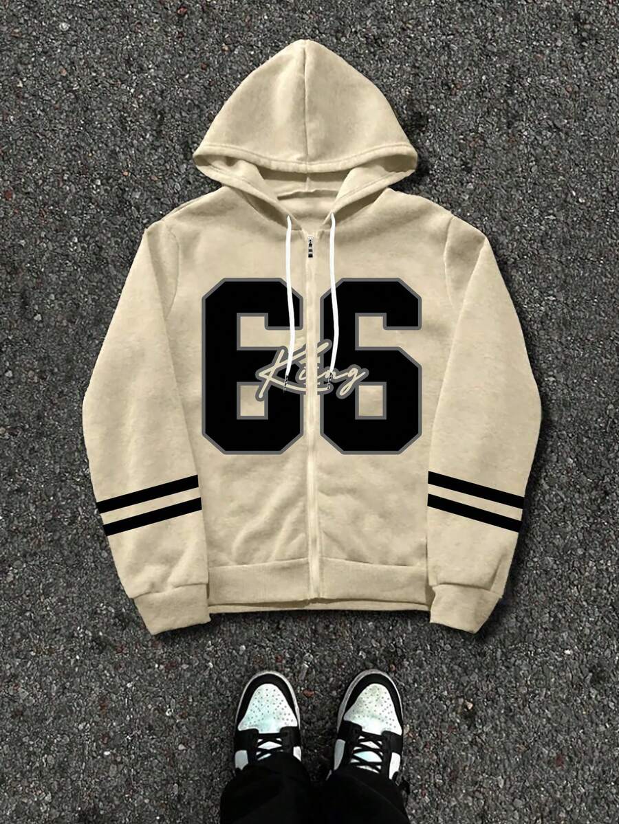 Manfinity Dauomo 男士前拉链长袖字母印花简约连帽休闲运动衫 - 杏色 - 查看 1