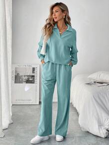 SHEIN LUNE Bộ 2 áo thun dài tay trễ vai trơn và quần ống rộng thường ngày cho nữ, Xuân/Hè - Màu xanh Bạc hà - Xem 5