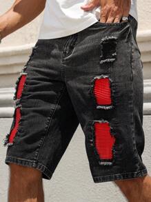 Manfinity LEGND Men's Button Waistband Distressed Design Casual Denim Shorts - Black - View 5