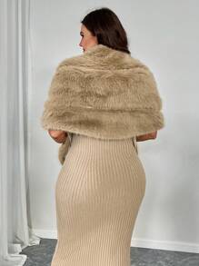 SHEIN Allurite Women's Faux Fur Shawl, Elegant & Warm Fur Cape - Mocha Brown - View 2