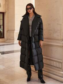 EURMUSE High Very Long Quilted Warm Padded Winter Coat - Black - View 4
