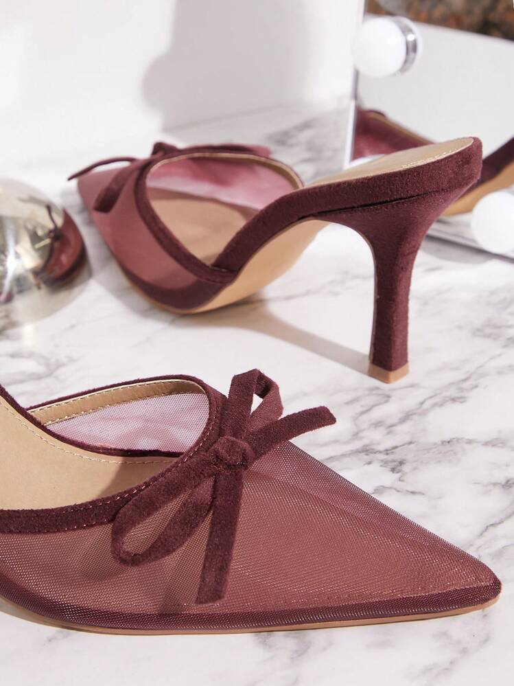 SHUZIA 女士尖头细高跟鞋小猫高跟日常优雅经典派对 PU 网眼酒红色凉鞋穆勒鞋圣诞节秋冬 - 酒紅色 - 查看 5