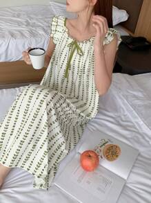 DAZY 全印花荷叶边下摆吊带睡袍 - 綠色 - 查看 3