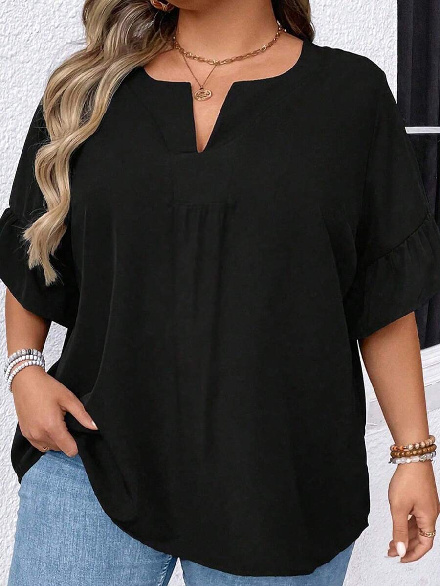 SHEIN CURVE+ 大尺碼固色單排釦休閒夏季襯衫,有翻領 - 黑色 - 查看 1
