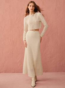 Enchnt 秋冬纯色圆领长袖上衣和中长裙两件套优雅女士优雅装束，秋季两件套，秋冬女装 - 杏色 - 查看 3