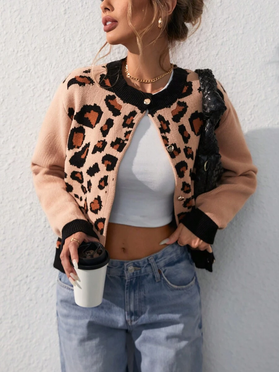 EMERY ROSE Women Fashion Leopard Print Long Sleeve Sweater Cardigan Loose Knit Open Front Fall Winter Outwear Coats - Multicolor - View 1