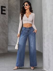 SHEIN Essnce 女式宽松休闲喇叭牛仔裤，带口袋 - 藍色 - 查看 4