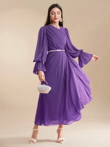 Modelyn Đầm viền nhún bèo dài tay màu trơn dành cho nữ, thường ngày & ngày lễ - Màu tím - Xem 7