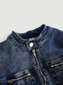 SHEIN 1pc Teen Girl Y2K Blue Denim Motorcycle Jacket,Fall Back To School Cute Clothes Outfits - Dark Wash - View 8