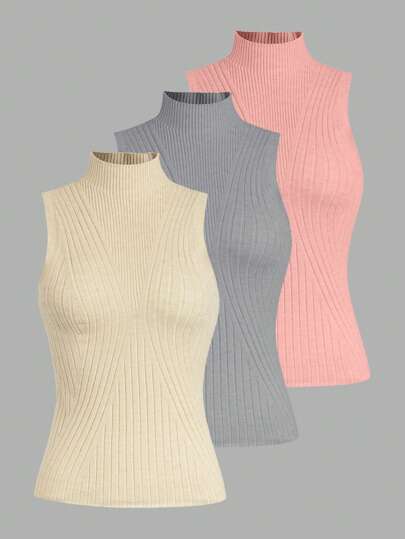 Chiquease Top de punto sin mangas de cuello medio alto para mujer