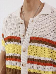 Manfinity Homme 男式前扣短袖条纹拼布休闲针织上衣 - 白色 - 查看 8