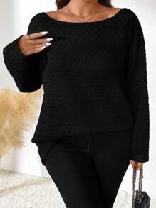 SHEIN LUNE Áo len dài tay màu trơn cỡ lớn dành cho nữ, áo len dệt kim mùa thu/đông. - màu đen - Xem 5