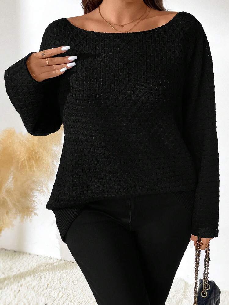 SHEIN LUNE 大码女式纯色长袖套头毛衣，秋冬针织套头衫 - 黑色 - 查看 5