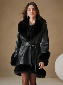 Anewsta Thickened Shearling Fur-Trimmed Fluffy Fluffy Cinched Waist Regular Women Jacket - Black - View 6