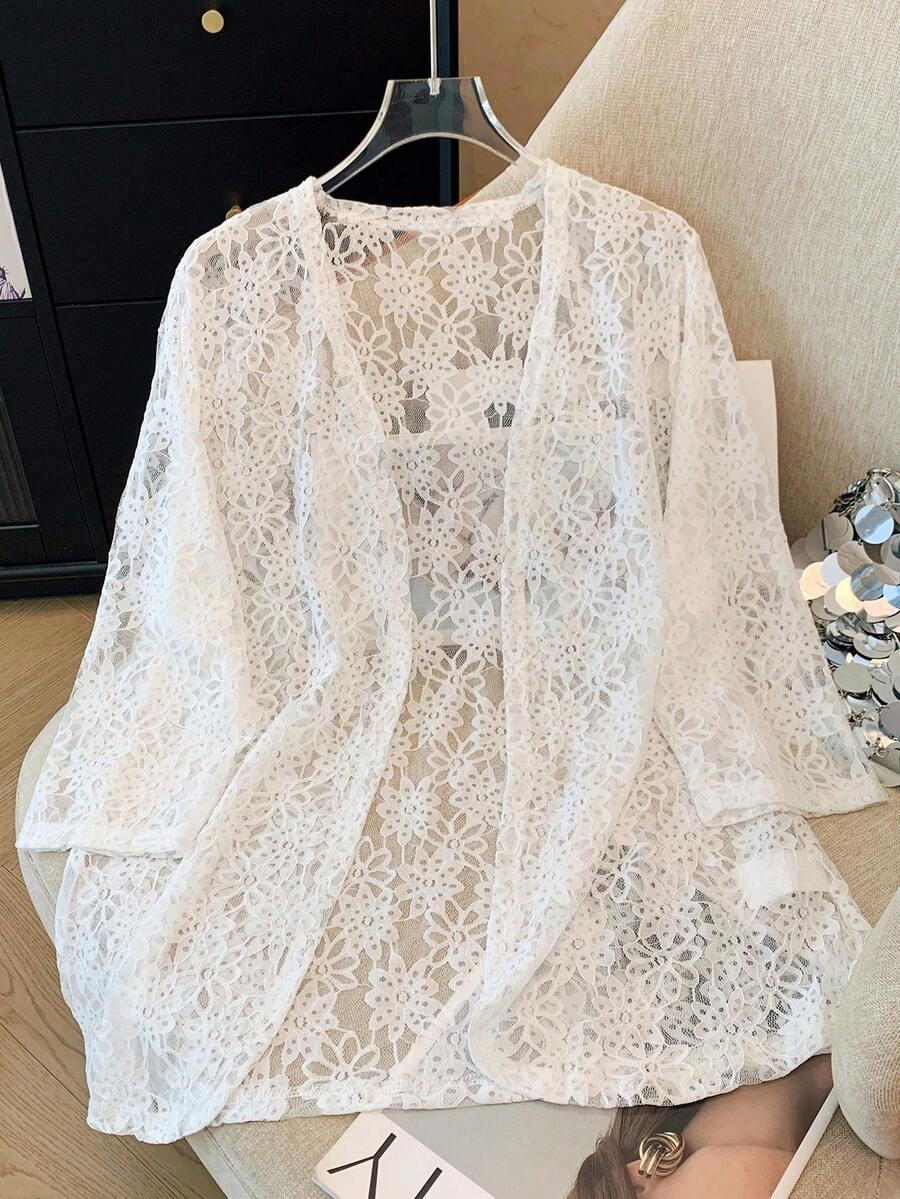 SHEIN LUNE 大码纯色长袖简约透明外套，休闲与度假 - 白色 - 查看 1