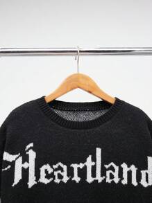 SHEIN 青少年男童休闲舒适百搭万圣节街头风保暖骷髅字母提花针织圆领宽松保暖毛衣，适合返校、秋季、秋冬季穿着。 - 黑與白 - 查看 5