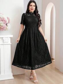 Modelyn 大码女式夏季立领蕾丝泡泡袖优雅连衣裙长款晚礼服 - 黑色 - 查看 3