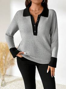 SHEIN 大码长袖时尚修身休闲舒适迷人套头毛衣，适合冬季秋季穿着 - 灰色 - 查看 3