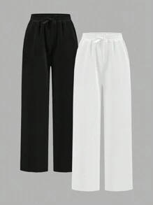 SHEIN Girlism 2pcs Tween Girls' Loose Knit Wide Leg Jogger Pants Set - Black and White - View 1