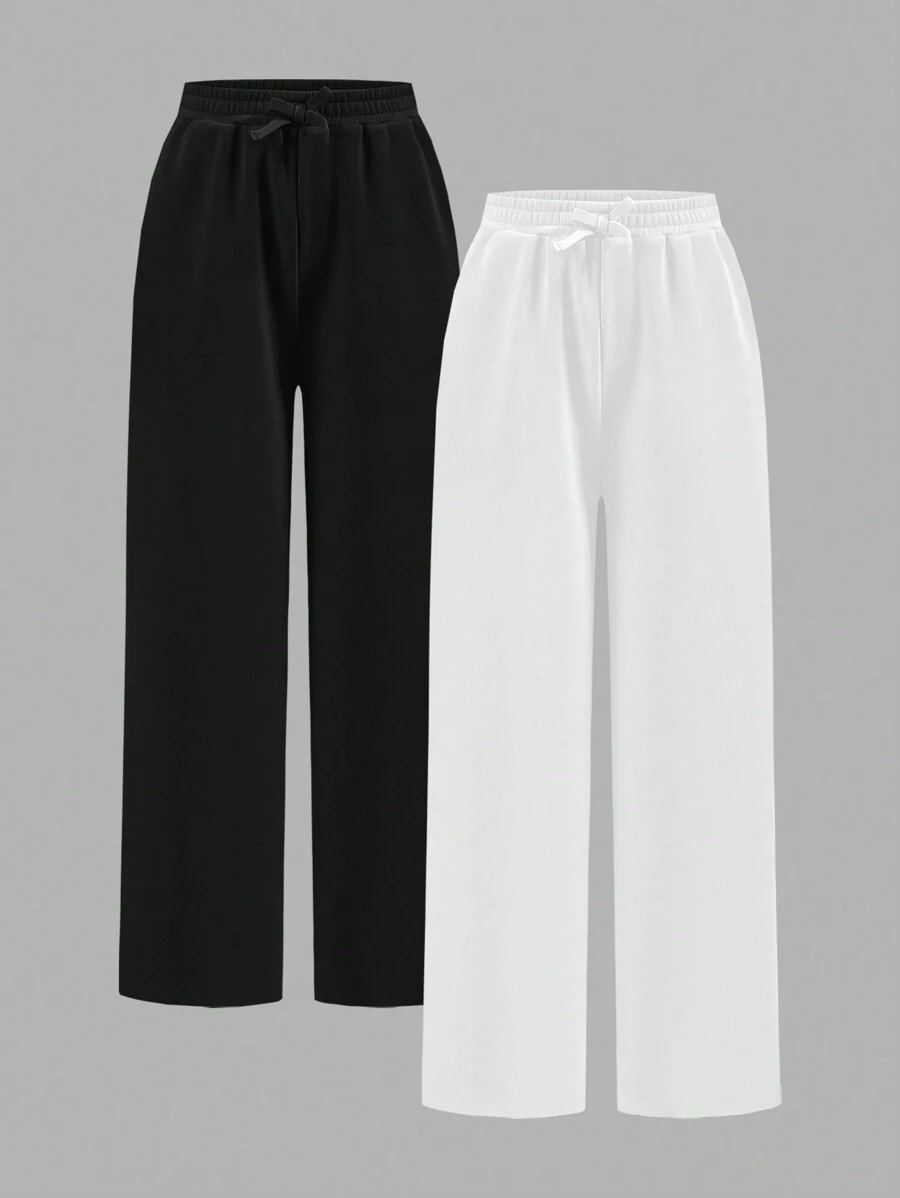 SHEIN Girlism 2pcs Tween Girls' Loose Knit Wide Leg Jogger Pants Set - Black and White - View 1