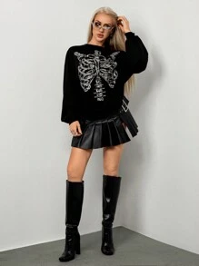 SHEIN ICON Casual Skeleton Print Long Sleeve Crew Neck Sweatshirt - Black - View 7