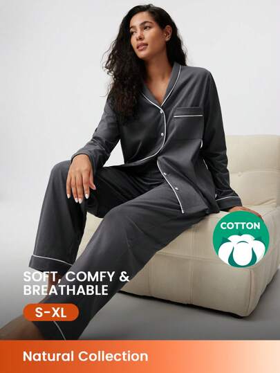 LUVLETTE Autumn And Winter Soft 100% Pure Cotton Basic Long Shawl Collar Pajama Sets For Women Lounge Sets For Women Pants With Pockets Fall Pajamas Clothes