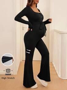 SHEIN Pregnant Women Spring & Autumn Solid Color Slim Fit Flared Jumpsuit