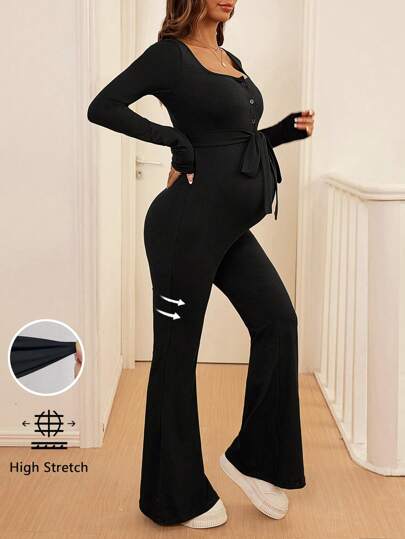 SHEIN Pregnant Women Spring & Autumn Solid Color Slim Fit Flared Jumpsuit